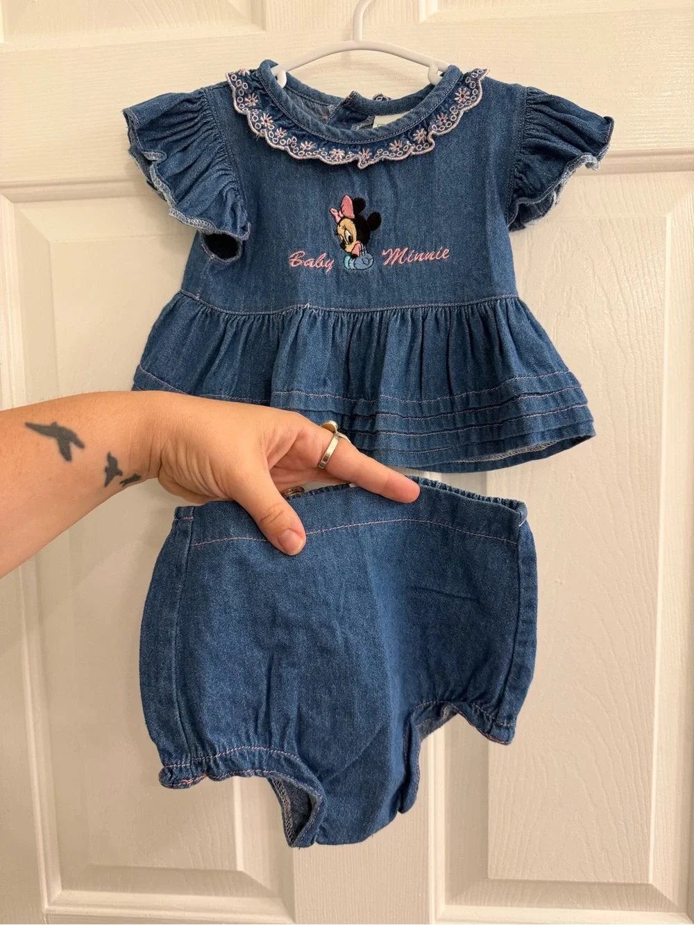 Vintage 90s Disney Babies Baby Minnie Denim 2 Piece Set 0-6 Months Circa 1996